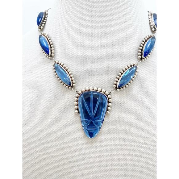 Hecho En Mexico Vintage Sterling Silver Blue Glass Statement Necklace - Picture 5 of 13